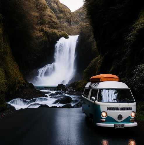 campervan with waterfall in background