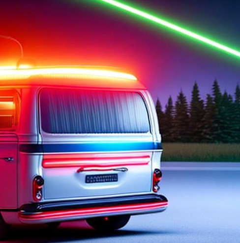 neon LED strip lights on a campervan at night