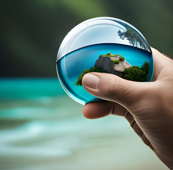 a hand holding a glass and chrome globe showing an island scene