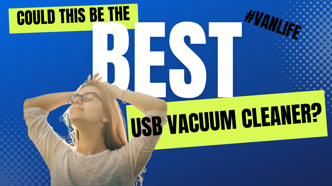 a woman pleased and relieved that she's bought the best usb rechargeable vacuum cleaner on a blue background